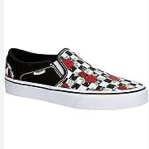 Vans Customs Checkerboard Roses Slip-On Sneakers Red & Black SZ 6.5